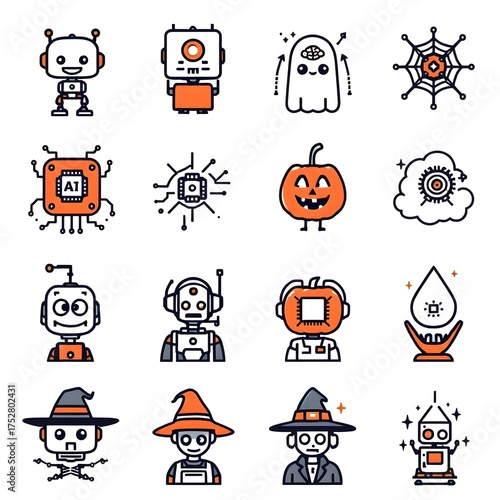 Halloween AI Robot Icons Set — Cute Minimal Vector Line Art in Orange and Black