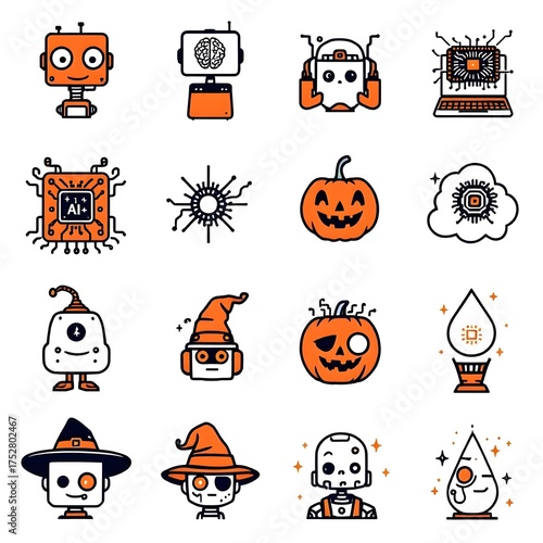 Halloween AI Robot Icons Set — Cute Minimal Vector Line Art in Orange and Black