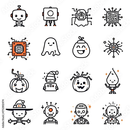 Halloween AI Robot Icons Set — Cute Minimal Vector Line Art in Orange and Black