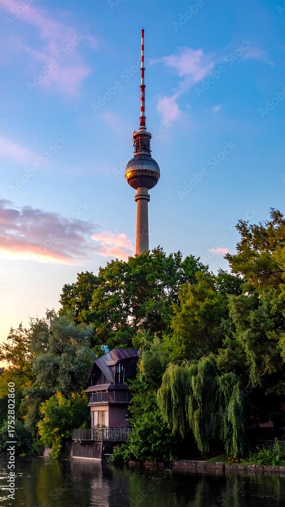 Fototapeta premium Iconic towering structure during sunset, alongside lush trees and water