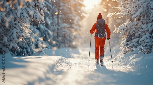 Person Hiking in Snowy Forest with Ski Poles in Winter Sunlight.
