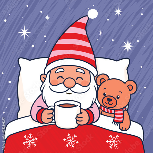 A cute Christmas gnome in a blue hat enjoys a warm cup of cocoa in bed beside his teddy bear on a snowy winter night for greeting cards, posters, and Christmas prints.