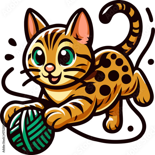 Playful Cartoon Bengal Cat with Yarn Ball – Cute Spotted Kitten Vector Illustration Isolated for Children and Pet Designs