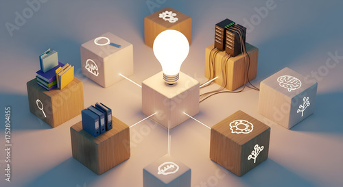 Illuminated idea hub with connected knowledge blocks sparks innovation
