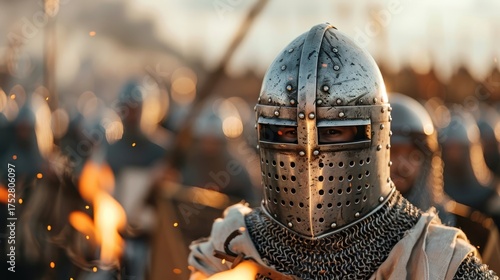 A close-up of a knight's helmet with lowered visor.