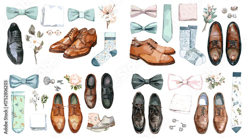 Watercolor illustration of men’s wedding accessories including shoes, bow ties, socks, and flowers. Perfect for fashion, boutique, or invitation design projects.