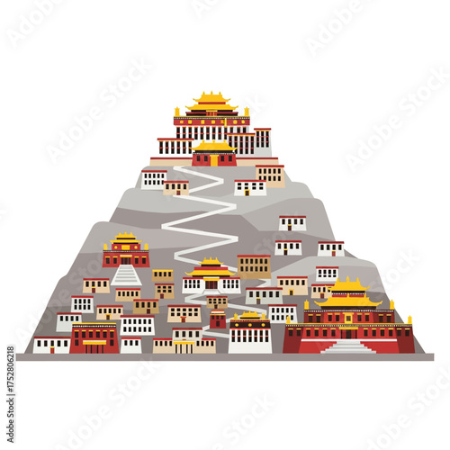 Vector illustration of a traditional Tibetan monastery complex built on a mountain hillside.