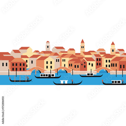 A picturesque cityscape of Venice, Italy, featuring traditional buildings and gondolas gliding along the canals.