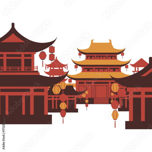 Illustration of traditional Chinese buildings with lanterns.