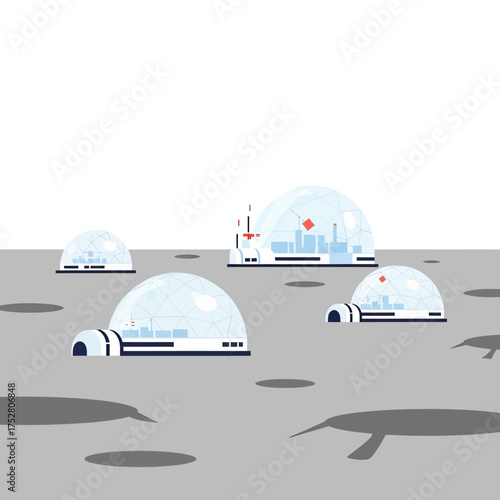 Futuristic dome cities on a lunar or extraterrestrial surface, depicting space colonization and advanced habitats for human settlement.