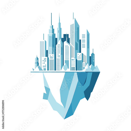 Stylized illustration of a modern city skyline atop a geometric iceberg, blue tones.