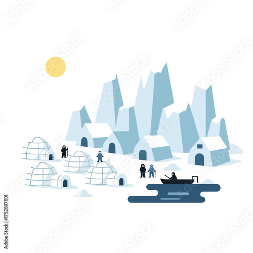 Arctic village with igloos, icebergs, and people in a boat.