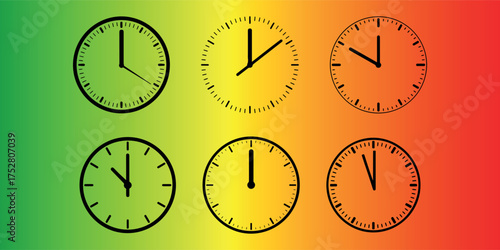 Clock Time Vector Illustration Set on Rasta Color Gradient Background for Timekeeping