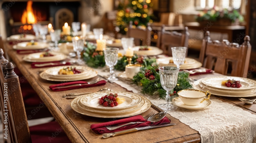 Fototapeta premium Elegant Holiday Dining Table Set for Festive Celebration Gathering