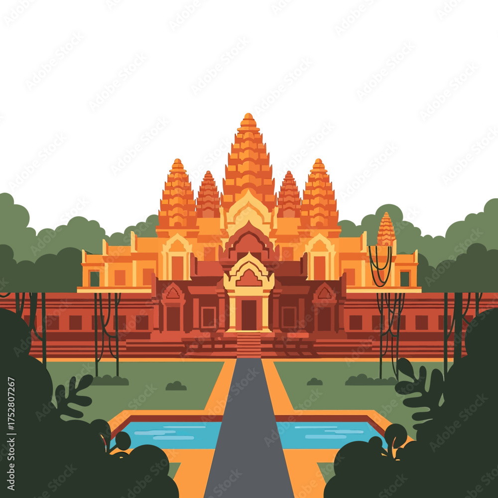 Naklejka premium Stylized illustration of Angkor Wat temple complex with pathway and lush greenery.
