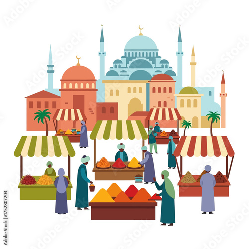 Illustration of a bustling traditional Middle Eastern bazaar with spice vendors and a mosque in the background.