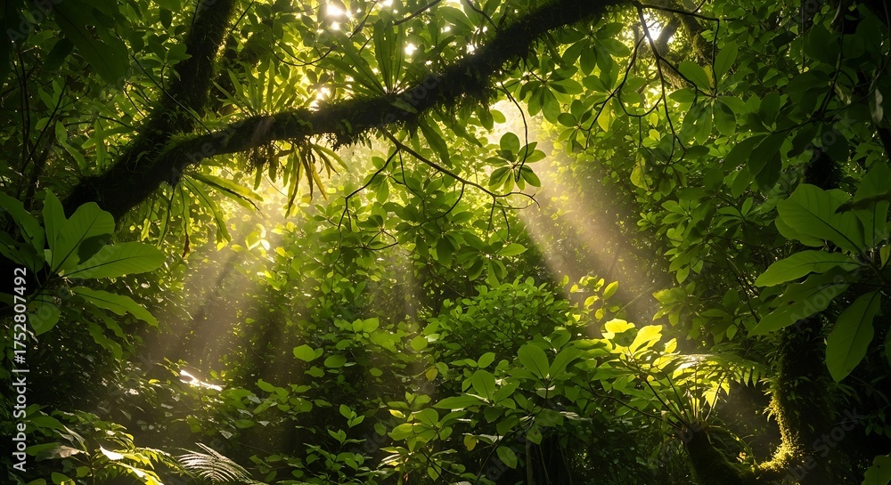 Obraz premium Sunlight Through Dense Green Forest Canopy