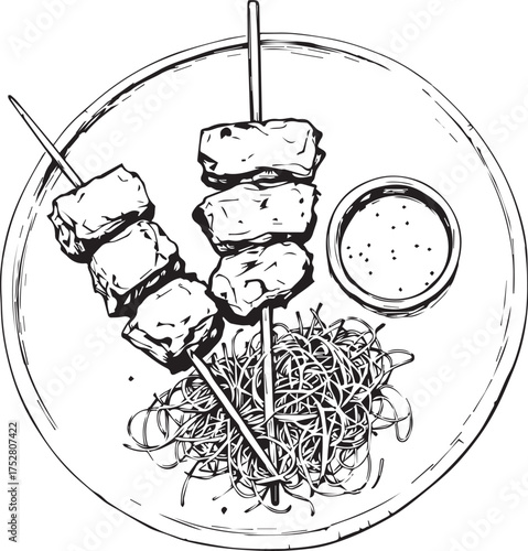 Grilled meat skewers vector in black and white with dipping sauce and shredded vegetables on plate