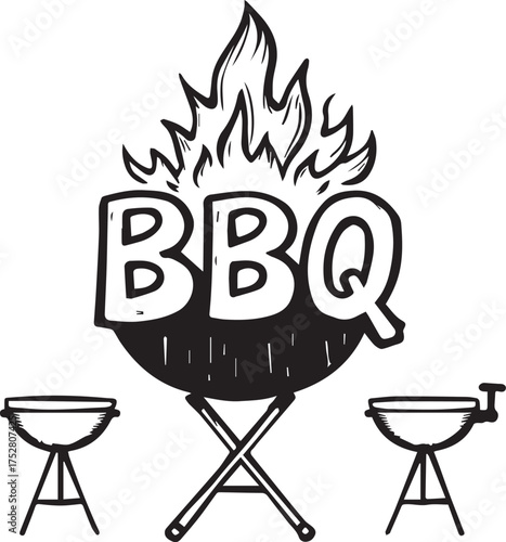 BBQ grill vector in black and white with flames, bold lettering, and festive cooking theme illustration