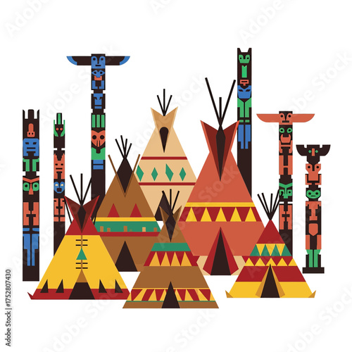 Colorful illustration of various teepees and totem poles representing indigenous culture and heritage.