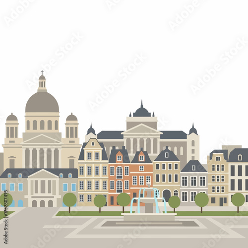 Illustration of a European city with buildings and a fountain.