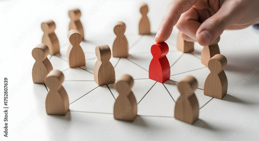 Obraz premium Hand selects red figure, highlighting team leadership and strategy
