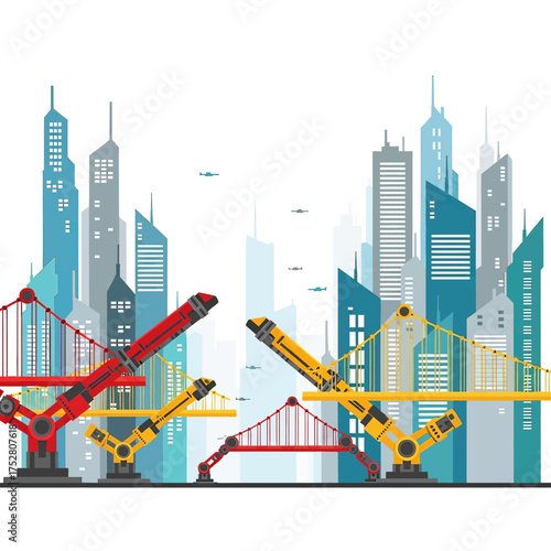 Futuristic city construction scene with giant robotic arms building bridges between modern skyscrapers.
