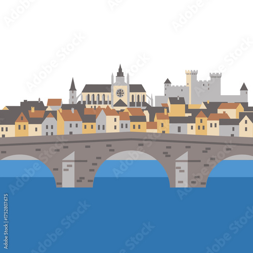 A picturesque medieval European town with a stone bridge spanning a blue river, featuring historic buildings and a prominent church.