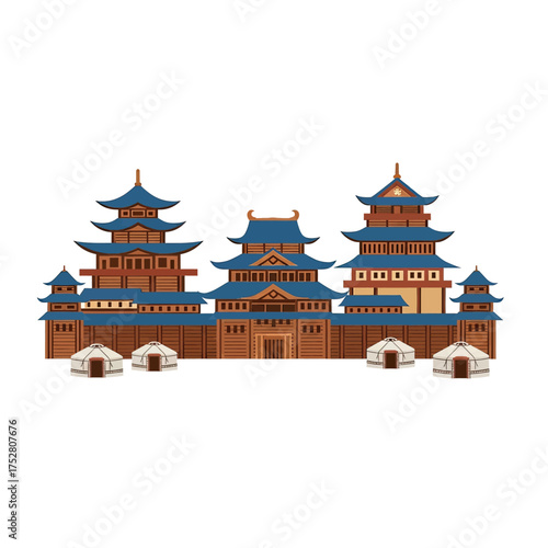 Illustration of a traditional Mongolian or Chinese palace complex with yurts in the foreground.