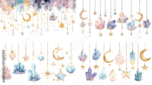 Elegant watercolor illustration of hanging crystals, moons, and stars in pastel colors. Perfect for boho, celestial, and spiritual themed design projects.