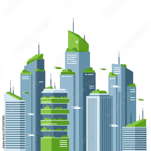 A futuristic cityscape featuring modern skyscrapers with integrated green spaces and sustainable design elements.
