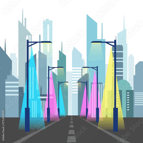 A vibrant illustration of a city street at night, illuminated by colorful streetlights.