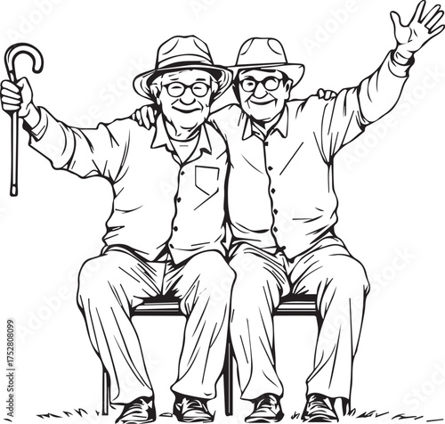 Black and white vector illustration of two elderly individuals sitting on a bench, smiling and embracing