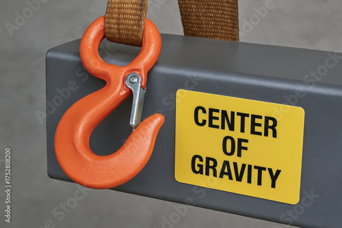 Orange hook lifting beam center of gravity label safety accident prevention industrial rigging warning heavy load