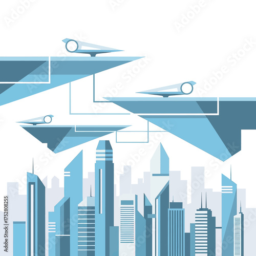 Futuristic city skyline with advanced surveillance cameras on elevated platforms, depicting a smart city concept.
