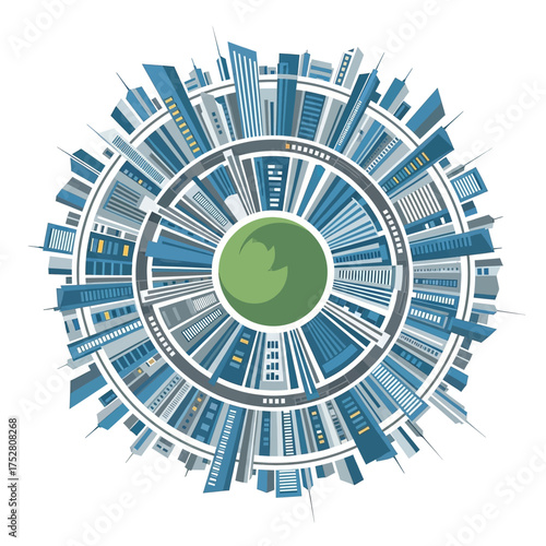 Stylized illustration of a city encircling a central green sphere, representing global urban development.