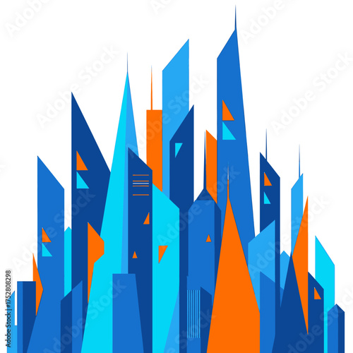 A dynamic and abstract representation of a modern city with sharp, geometric skyscrapers in blue and orange.