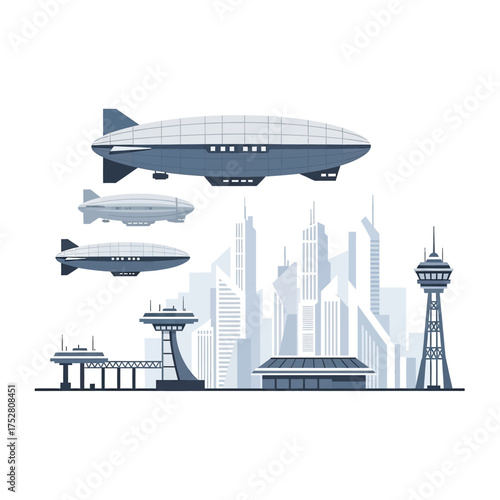 Airships over futuristic city with modern buildings and towers.