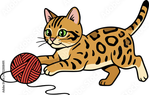 Bengal Cat Playing with Yarn Ball – Cute Spotted Kitten Vector Illustration Isolated on White