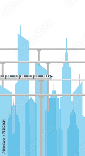 Modern high-speed train on elevated tracks passing through a futuristic city skyline with blue skyscraper silhouettes.