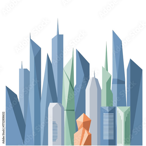 Stylized vector illustration of a city skyline with various modern skyscrapers in shades of blue, green, and orange.