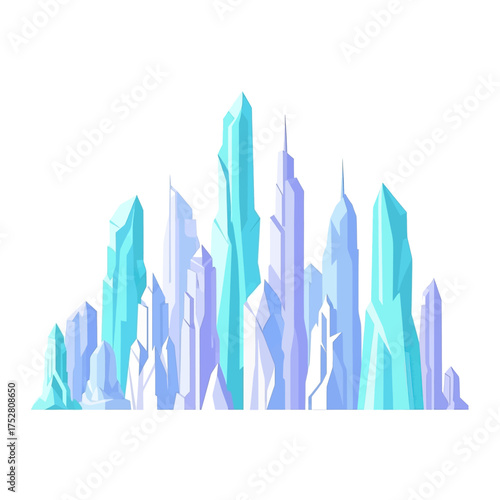A vibrant illustration of a futuristic city skyline composed of sharp, crystalline skyscrapers in shades of blue and purple.