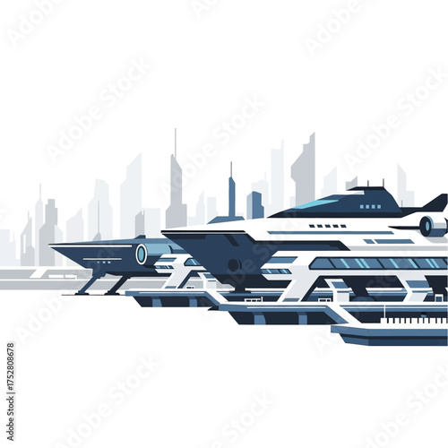 Two futuristic luxury yachts or spaceships docked at a modern port with a city skyline in the background.