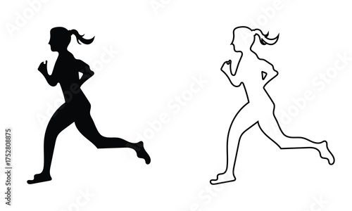 Silhouette and outline of woman running icon. Black flat and  outline of a running woman, symbolizing fitness, jogging, health, and active lifestyle in minimalist design.

