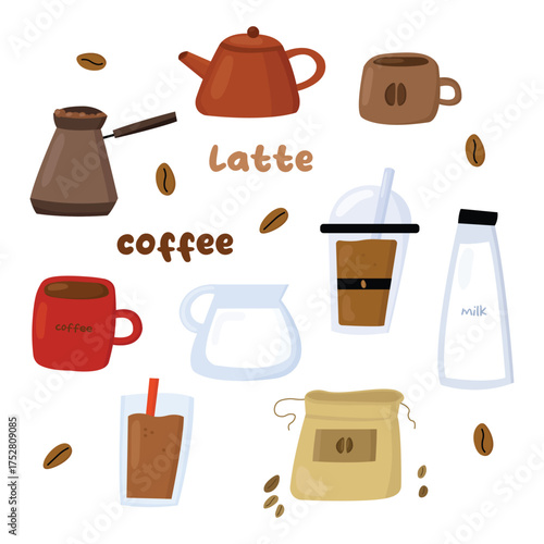 Coffee drink and accessories set Illustration