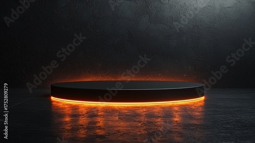 Dark Futuristic Product Display Podium with Glowing Orange Light.