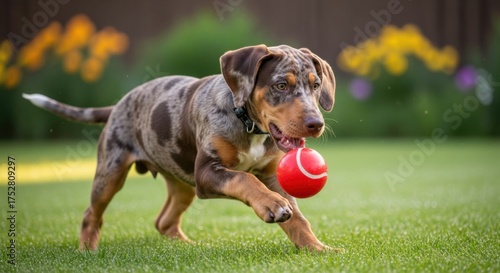 Fototapeta Naklejka Na Ścianę i Meble -  Energetic Catahoula Leopard Dog puppy playing fetch in a vibrant green park on a sunny day
