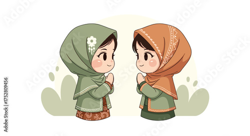 Two young girls in hijab smiling at each other with a gentle background.