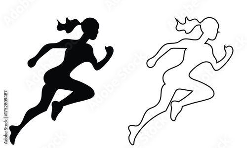 Silhouette and outline of woman running icon. Black flat and  outline of a running woman, symbolizing fitness, jogging, health, and active lifestyle in minimalist design.

