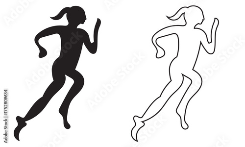 Silhouette and outline of woman running icon. Black flat and  outline of a running woman, symbolizing fitness, jogging, health, and active lifestyle in minimalist design.


